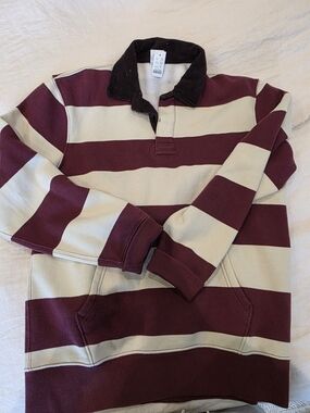 Striped V-Neck Rugby Sweater in Maroon and Cream